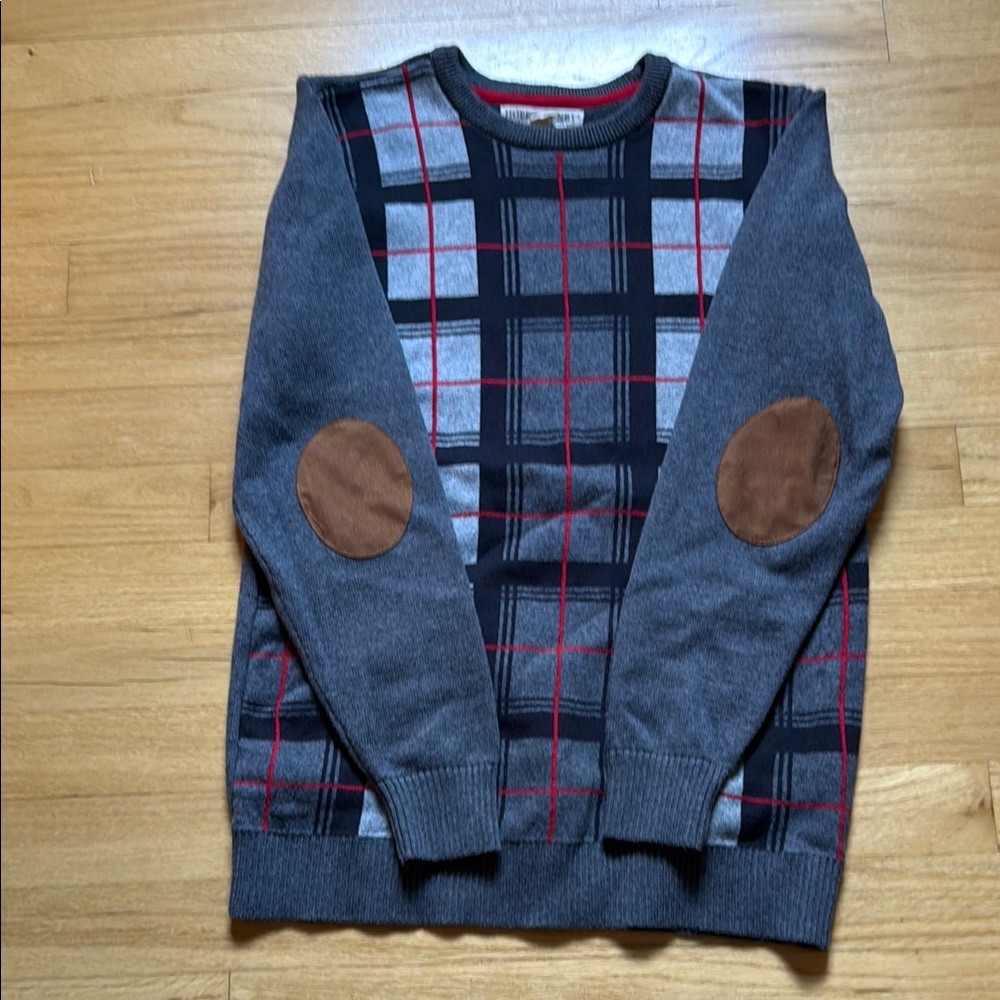 Gray and Black Plaid Kids Sweater with Elbow Patches